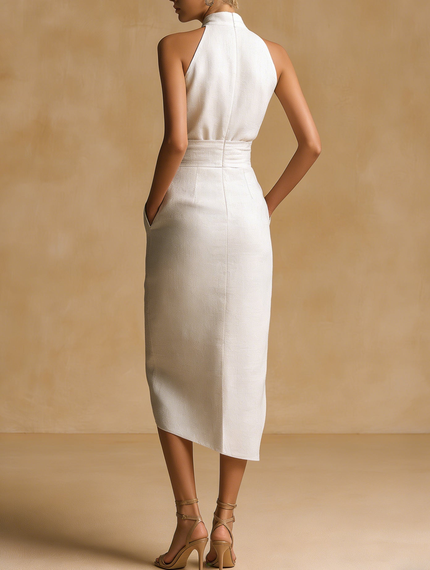 Linen Tailored Midi Dress With Pocket