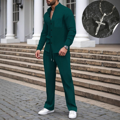 Men’s Casual Waffle Shirt Pants 2-Piece Set
