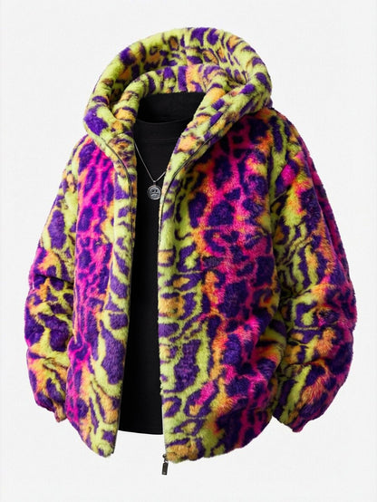 Faux Fur Colorful Leopard Zip Up Hooded Coat