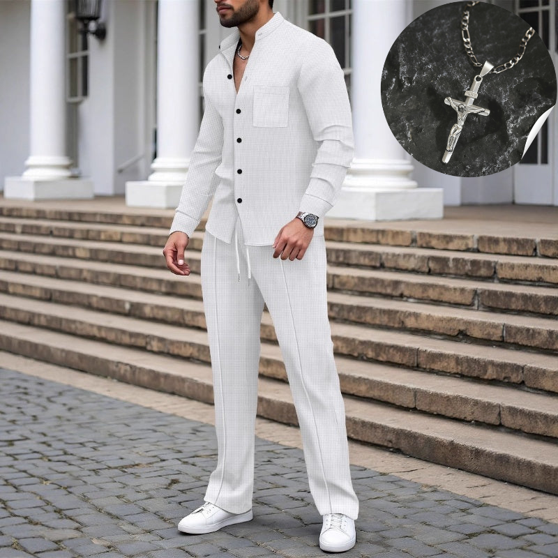 Men’s Casual Waffle Shirt Pants 2-Piece Set