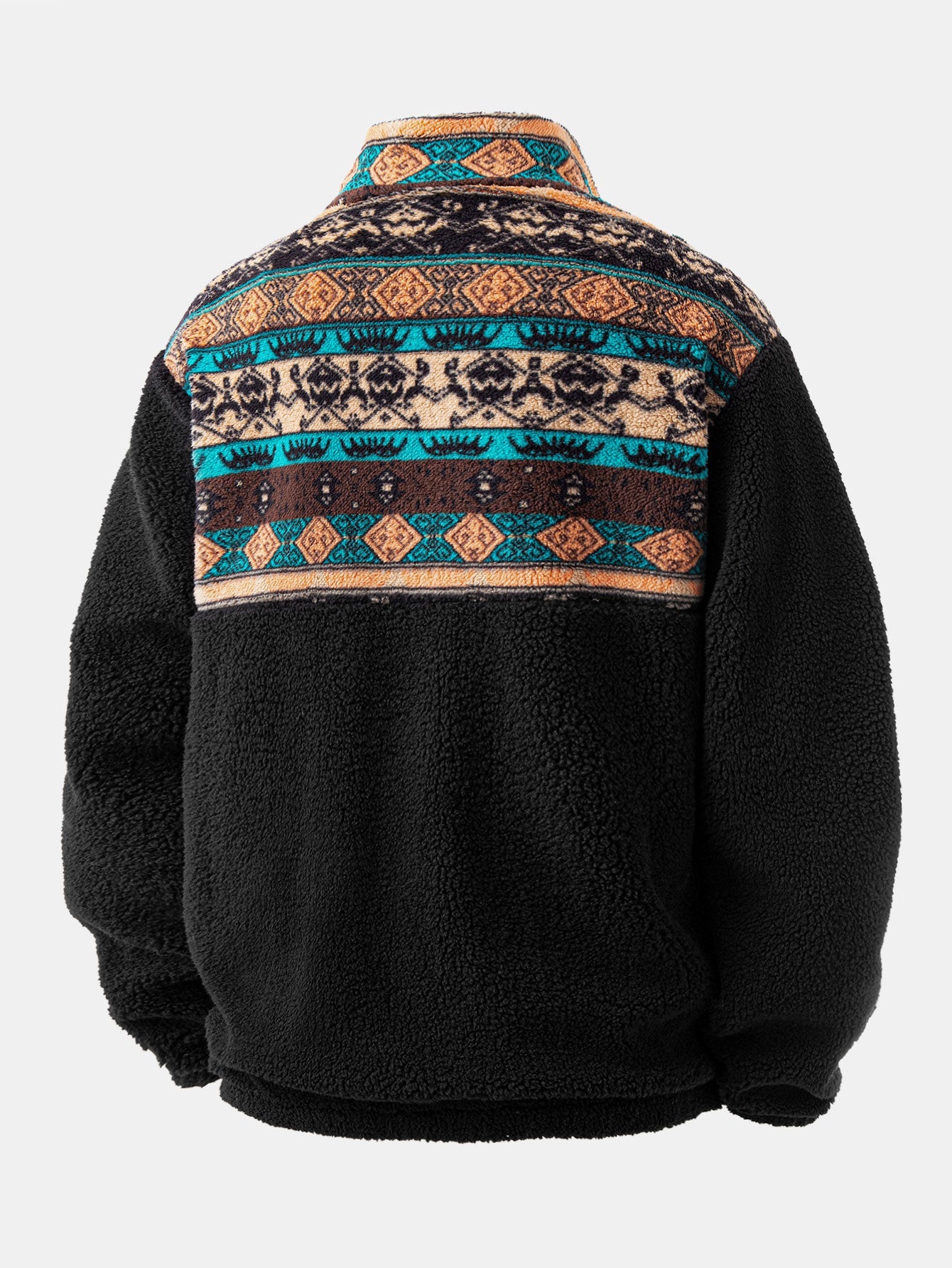 Relax Fit Quarter Zip Ethnic Geometric Patchwork Teddy Sweatshirt