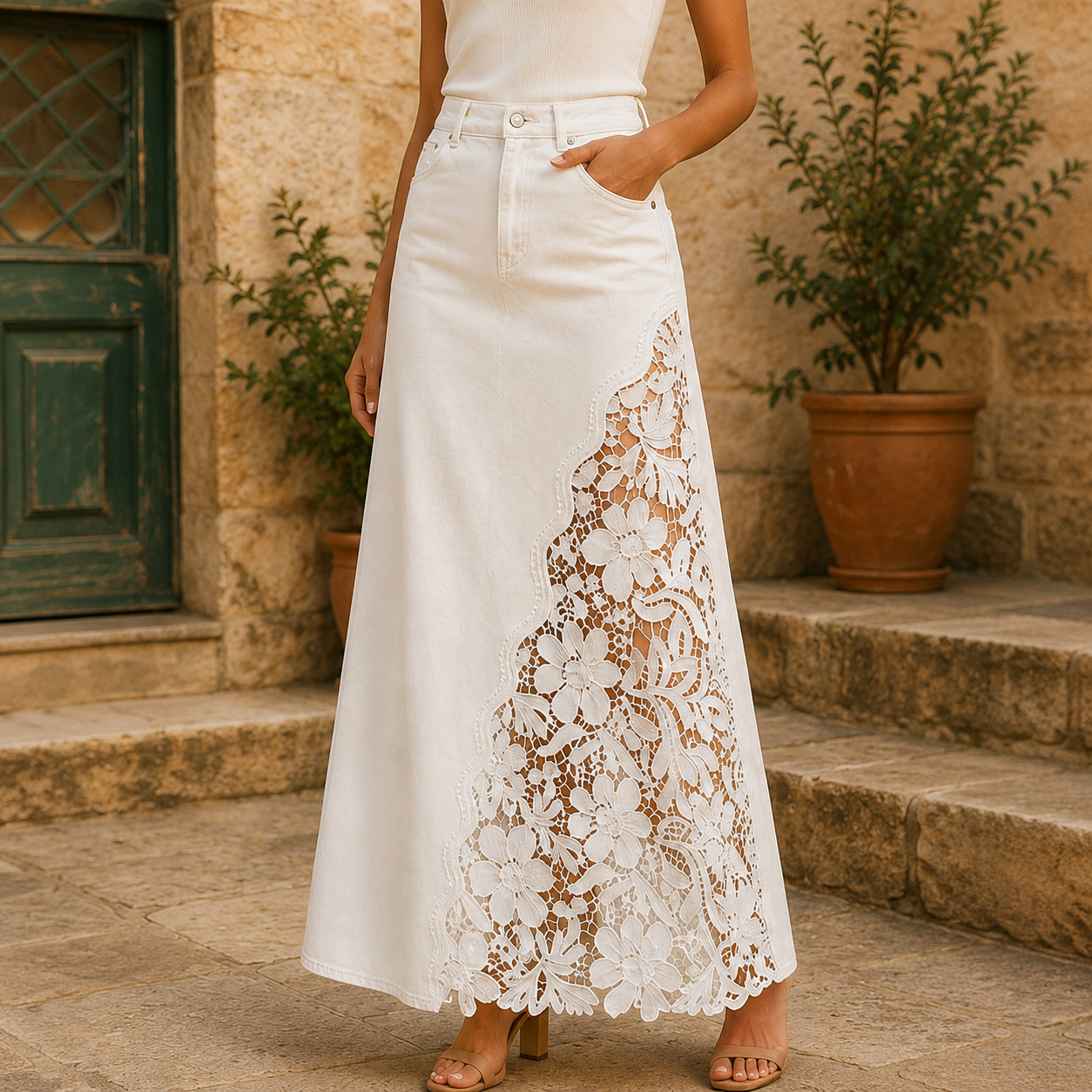 Solenne Lace Denim Maxi Skirt