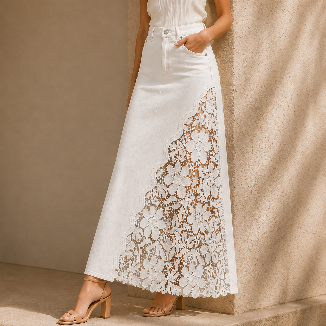 Solenne Lace Denim Maxi Skirt
