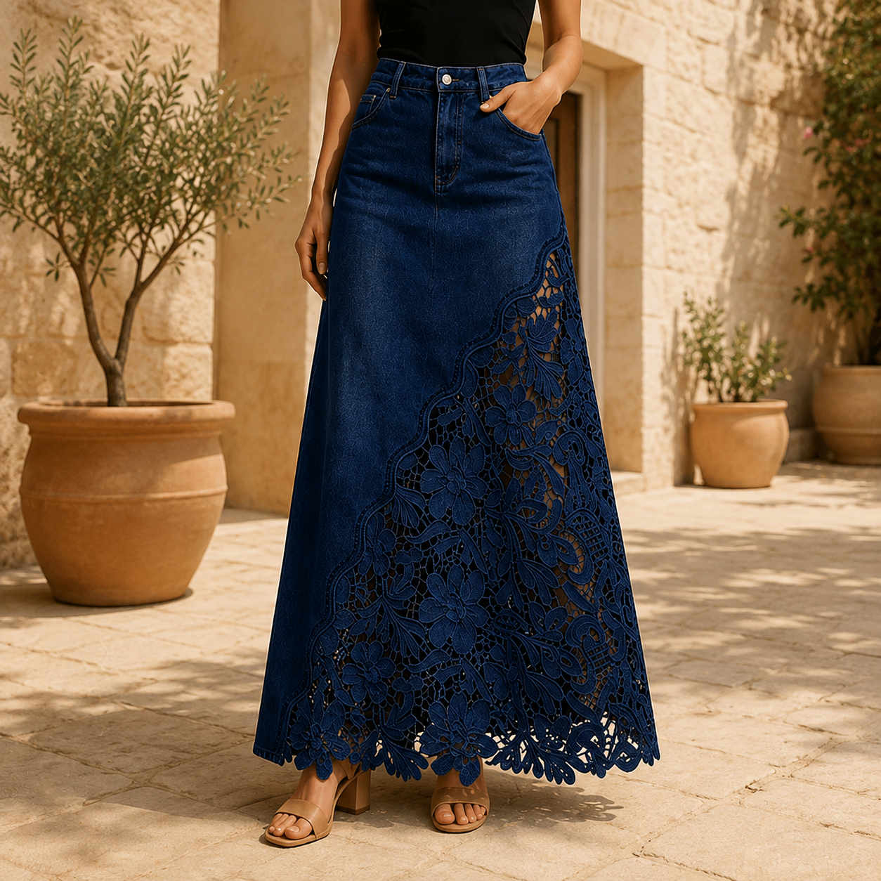 Solenne Lace Denim Maxi Skirt