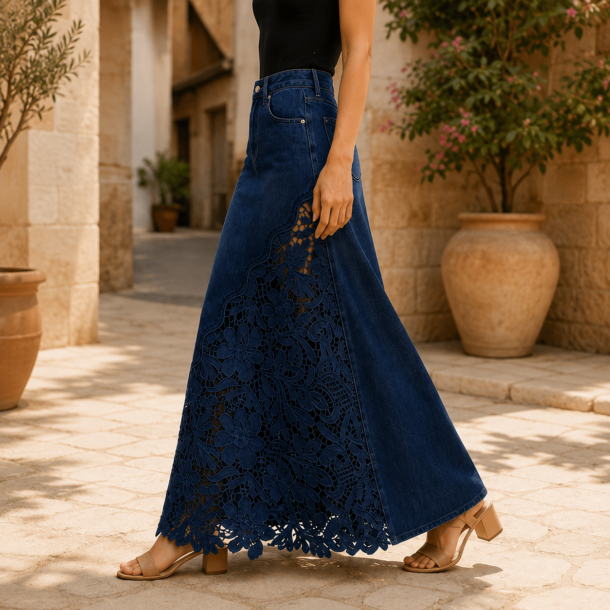 Solenne Lace Denim Maxi Skirt