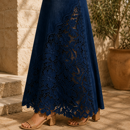 Solenne Lace Denim Maxi Skirt