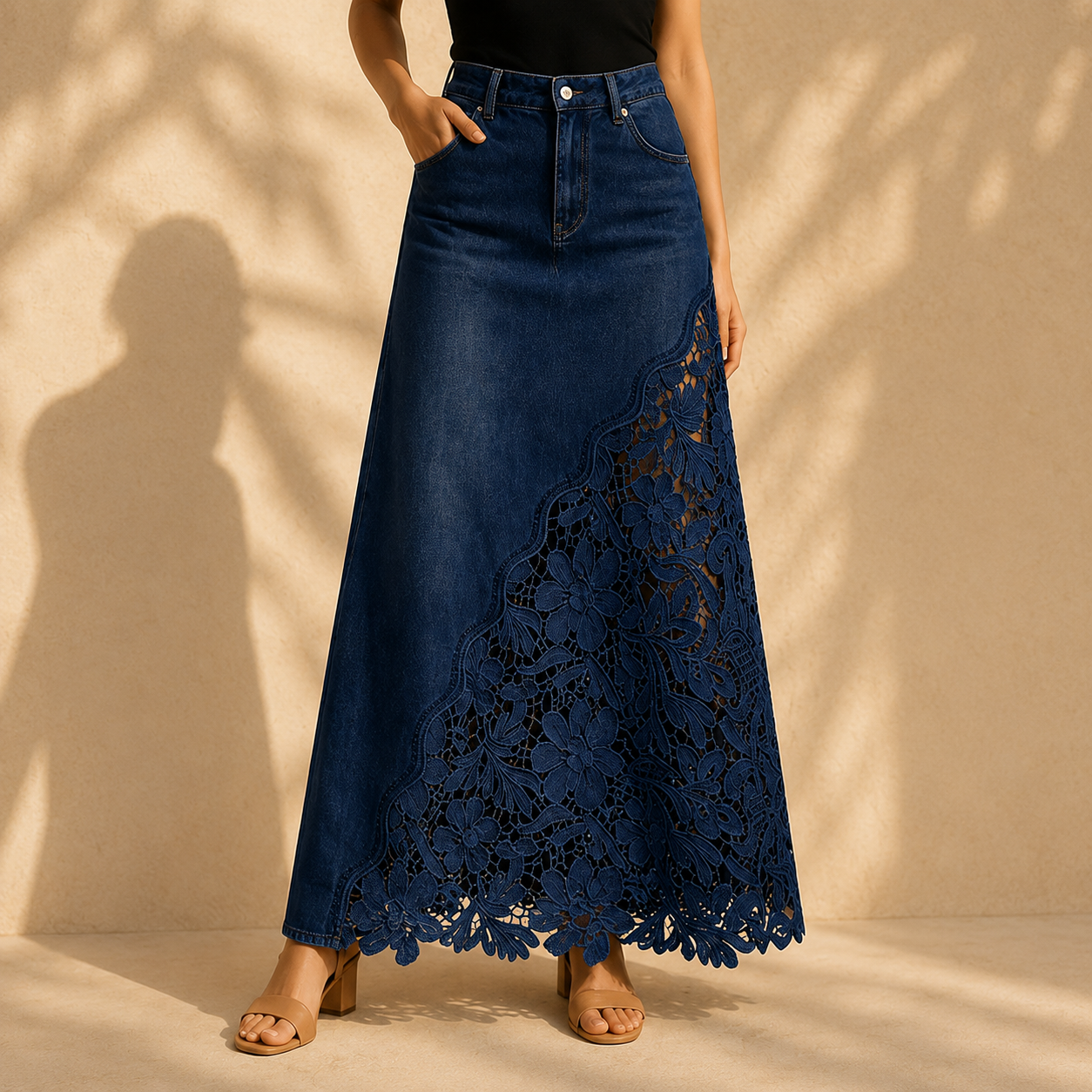 Solenne Lace Denim Maxi Skirt