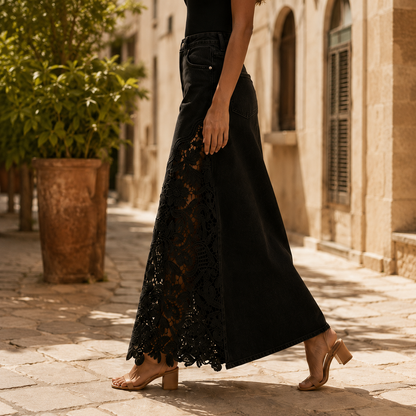 Solenne Lace Denim Maxi Skirt