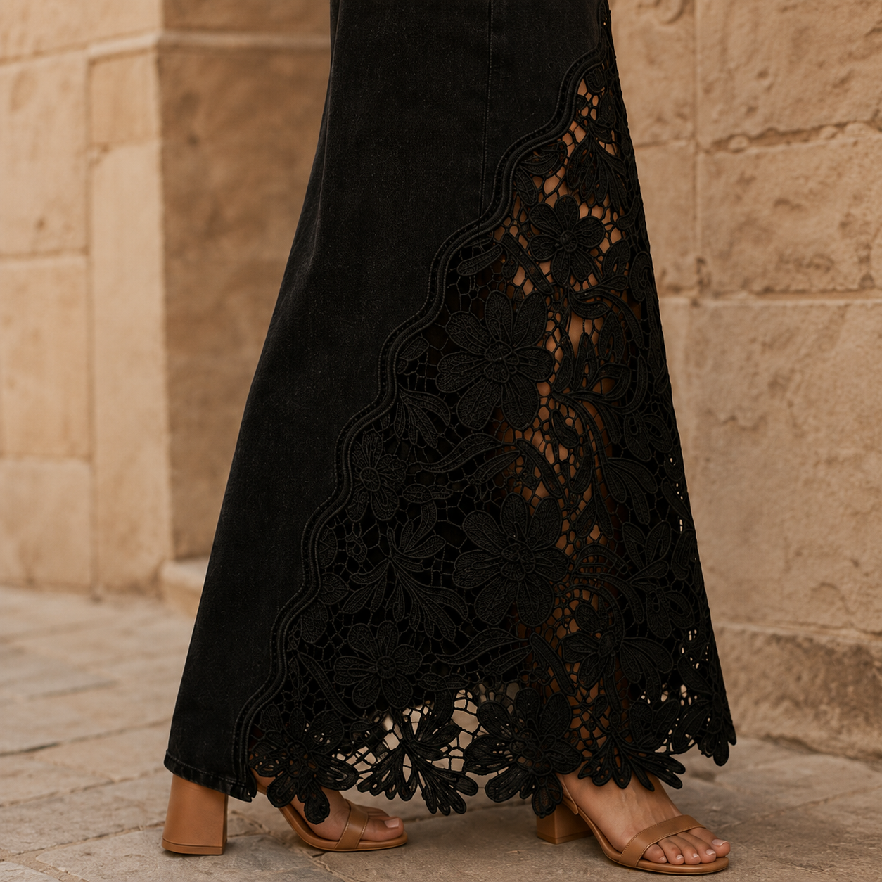 Solenne Lace Denim Maxi Skirt
