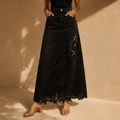 Solenne Lace Denim Maxi Skirt