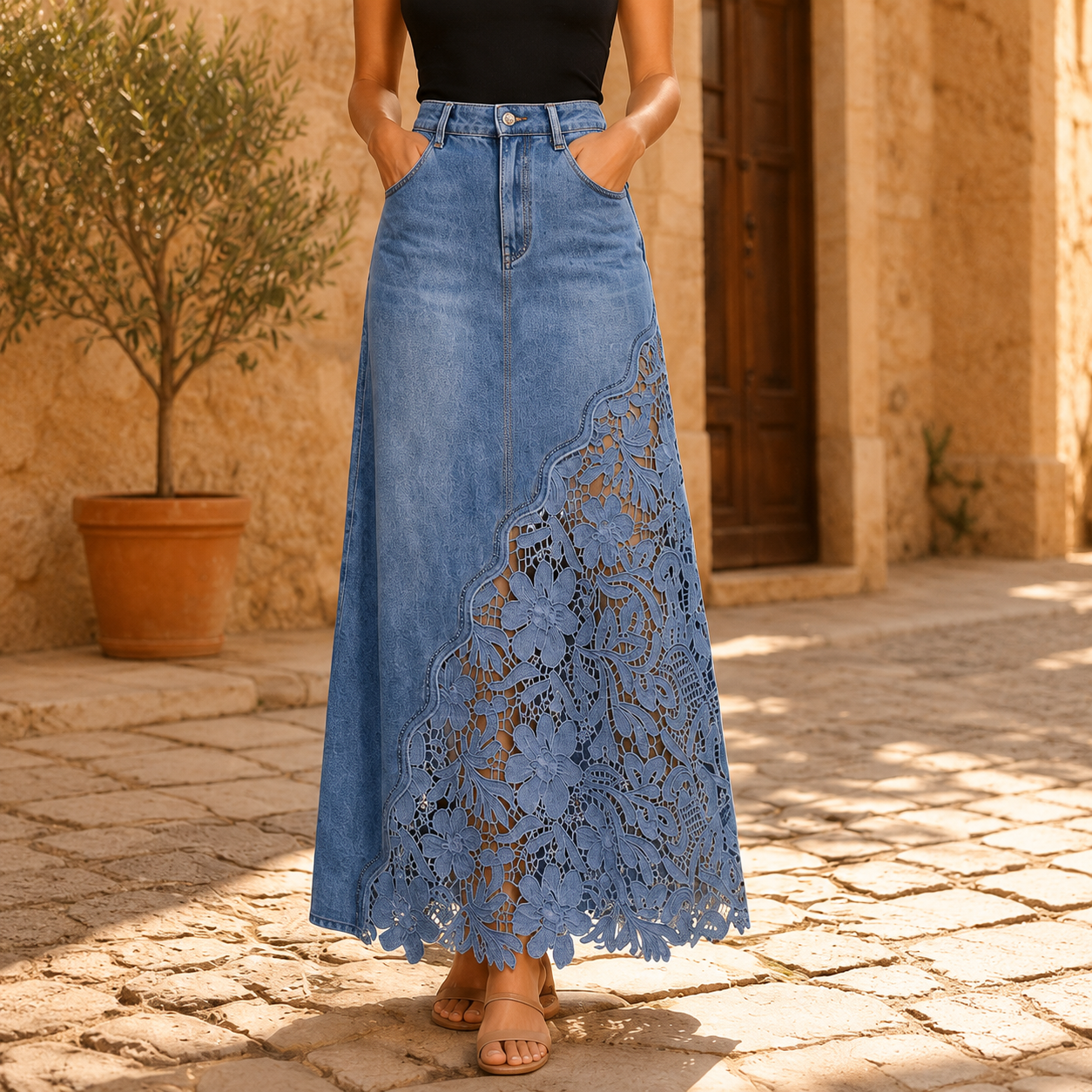 Solenne Lace Denim Maxi Skirt