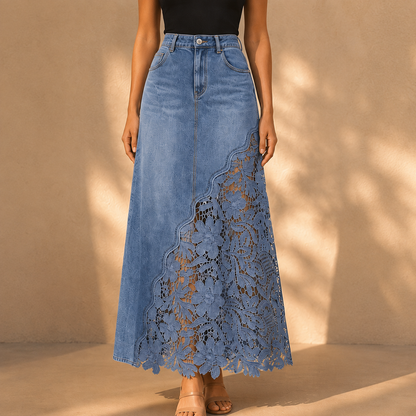 Solenne Lace Denim Maxi Skirt