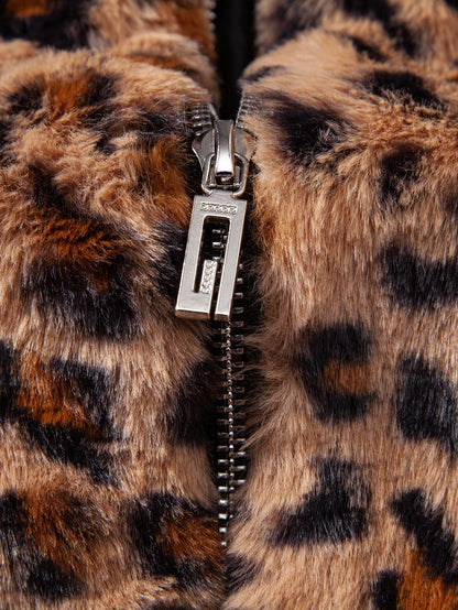 Faux Fur Leopard Zip Up Hooded Coat