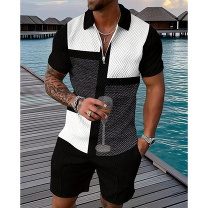 Men's Color Block Textured Polo Shirt and Shorts 2-Piece Set